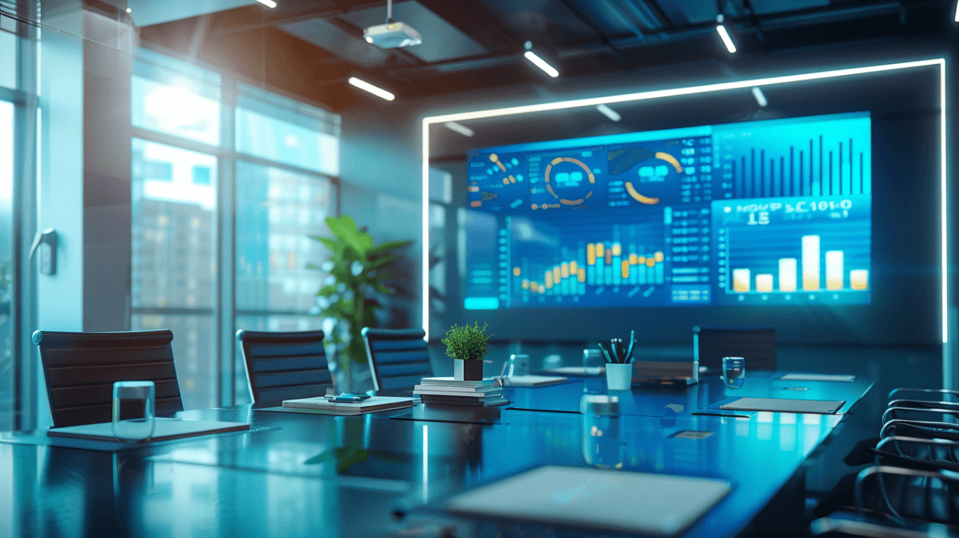 חדר ישיבות מודרני עם תרשימים עסקיים