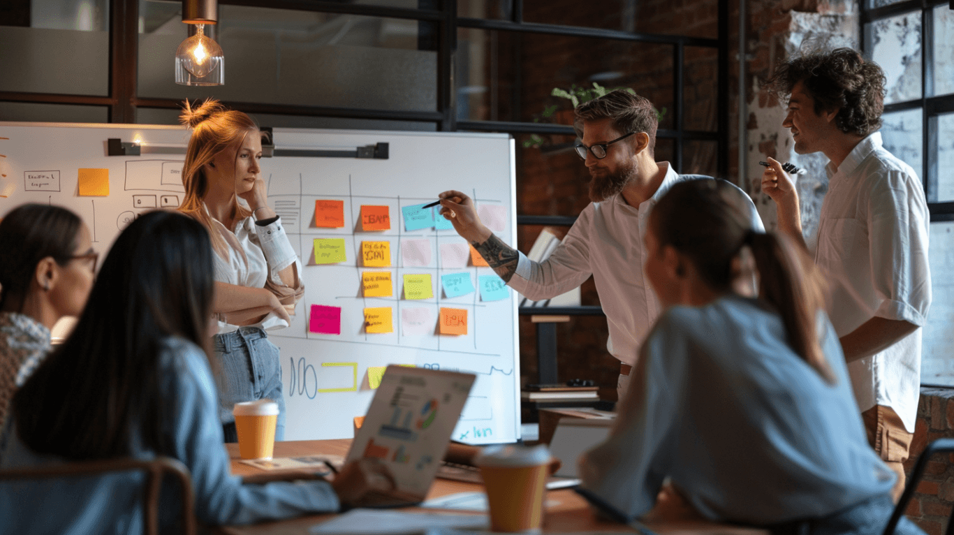 פגישה עסקית בשילוב לוח מחיק לניהול אסטרטגי